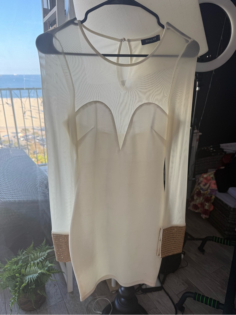 Ivory Mesh Long-Sleeve Mini Dress with Gold Cuffs